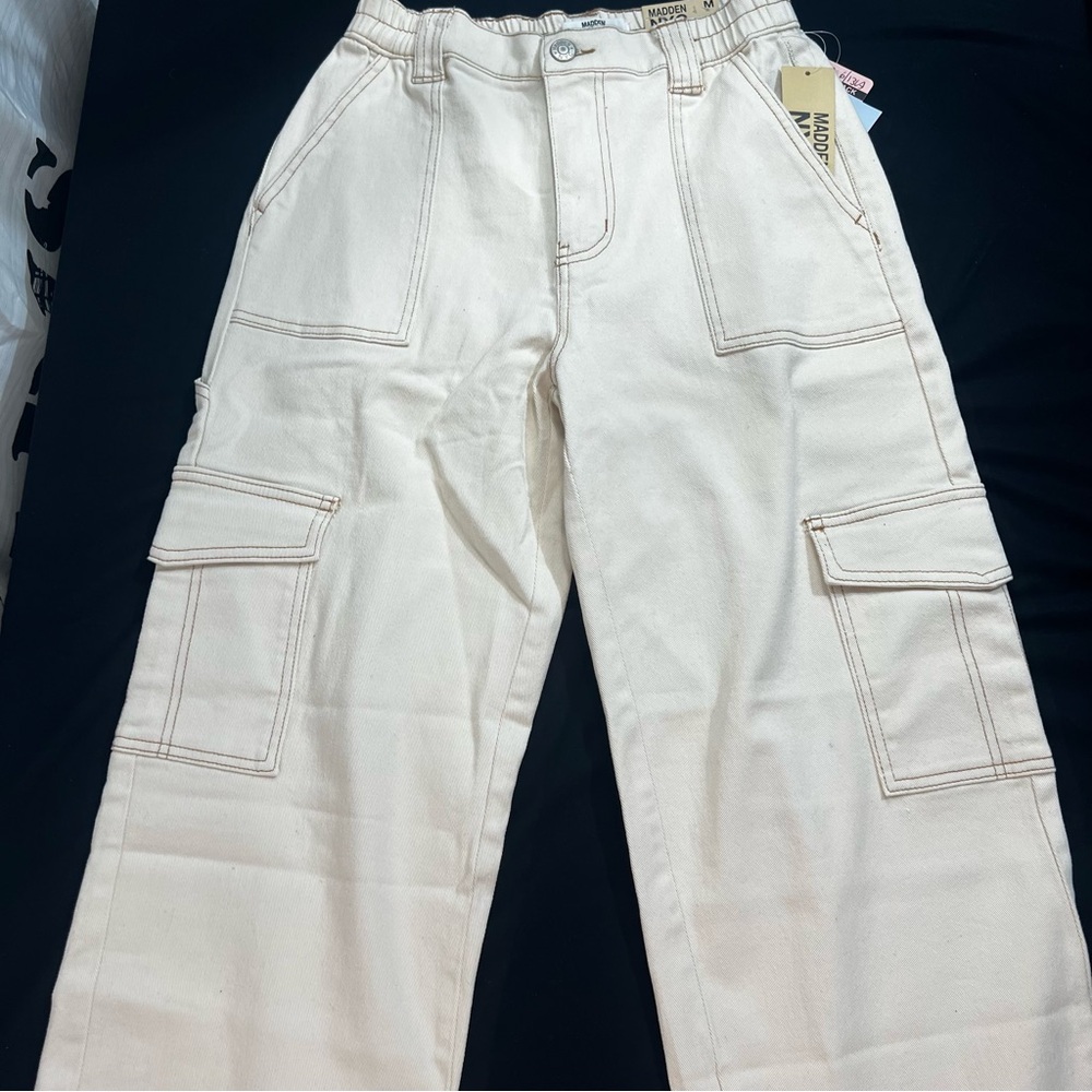 Madden NYC Cream Cargo Skater Wide Leg Pants Jr & Adult Size M with Stretch